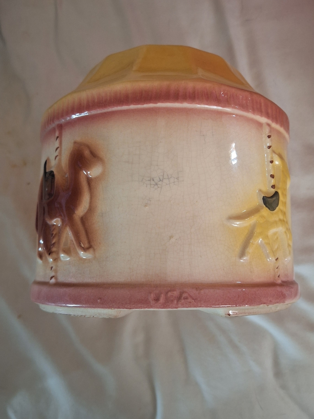 Ceramic Cookie Jar in Yellow and Pink Glaze
